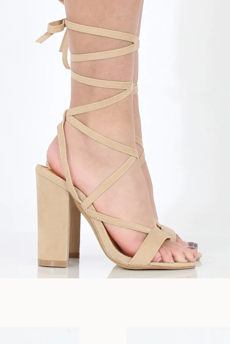 Beige Suede Lace Up Block Heels - Ruby