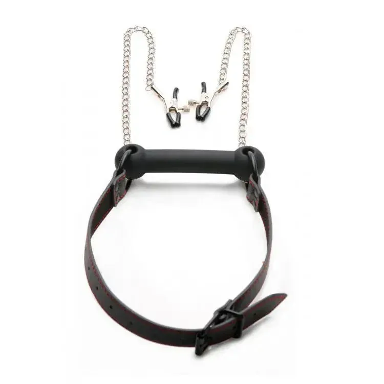 Black Silicone Bondage Gag and Nipple Clamps with Adjustable Straps