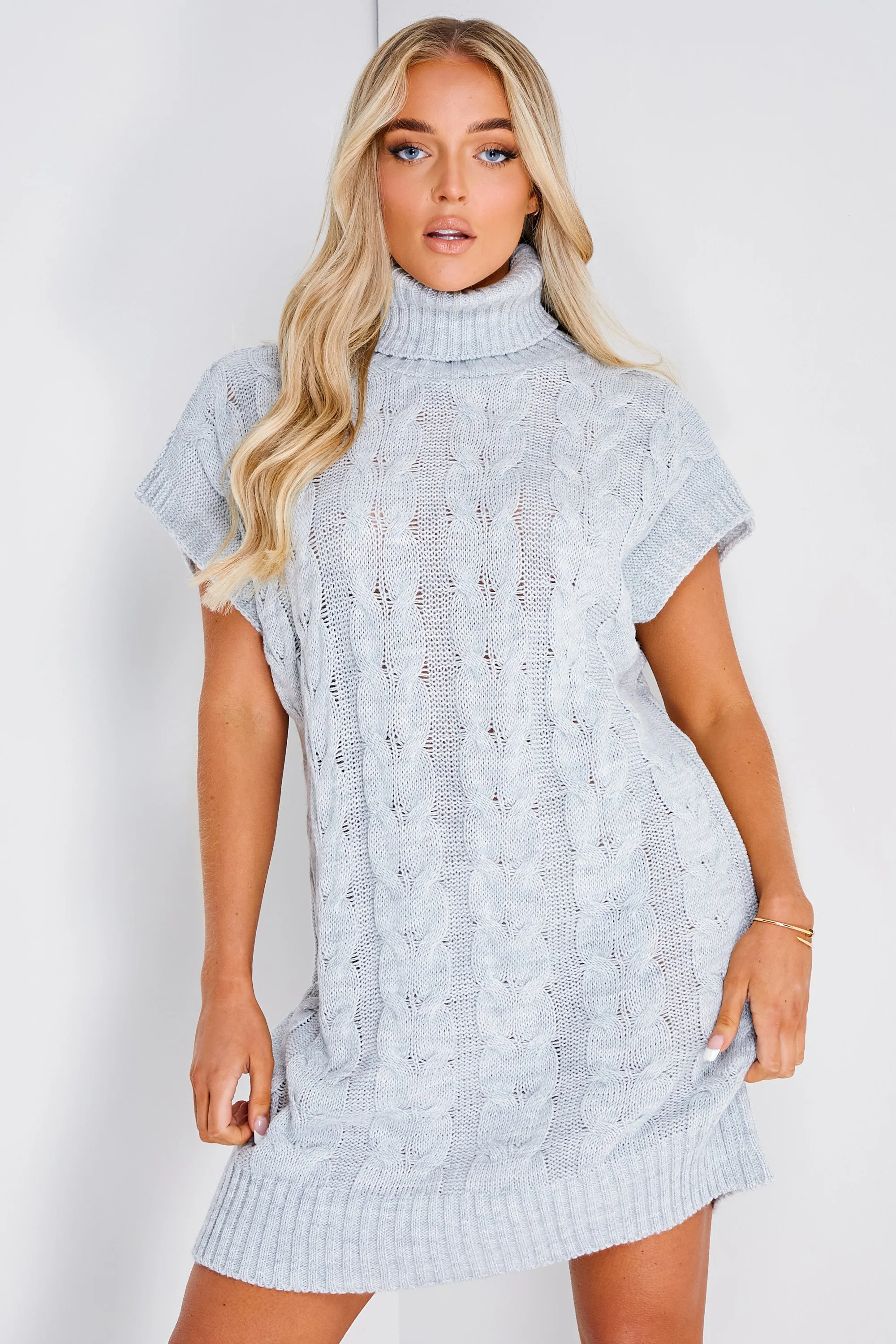 Fleur Grey Chunky Cable Knit Roll Neck Dress