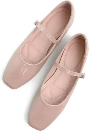 HuangTaiJi Qing Women Fashion Mary Janes Shoes Ankle Buckle Square Toe Female Comfortable Casual Flats Shoes Soft Walking Dressy Work Ballerina Flats