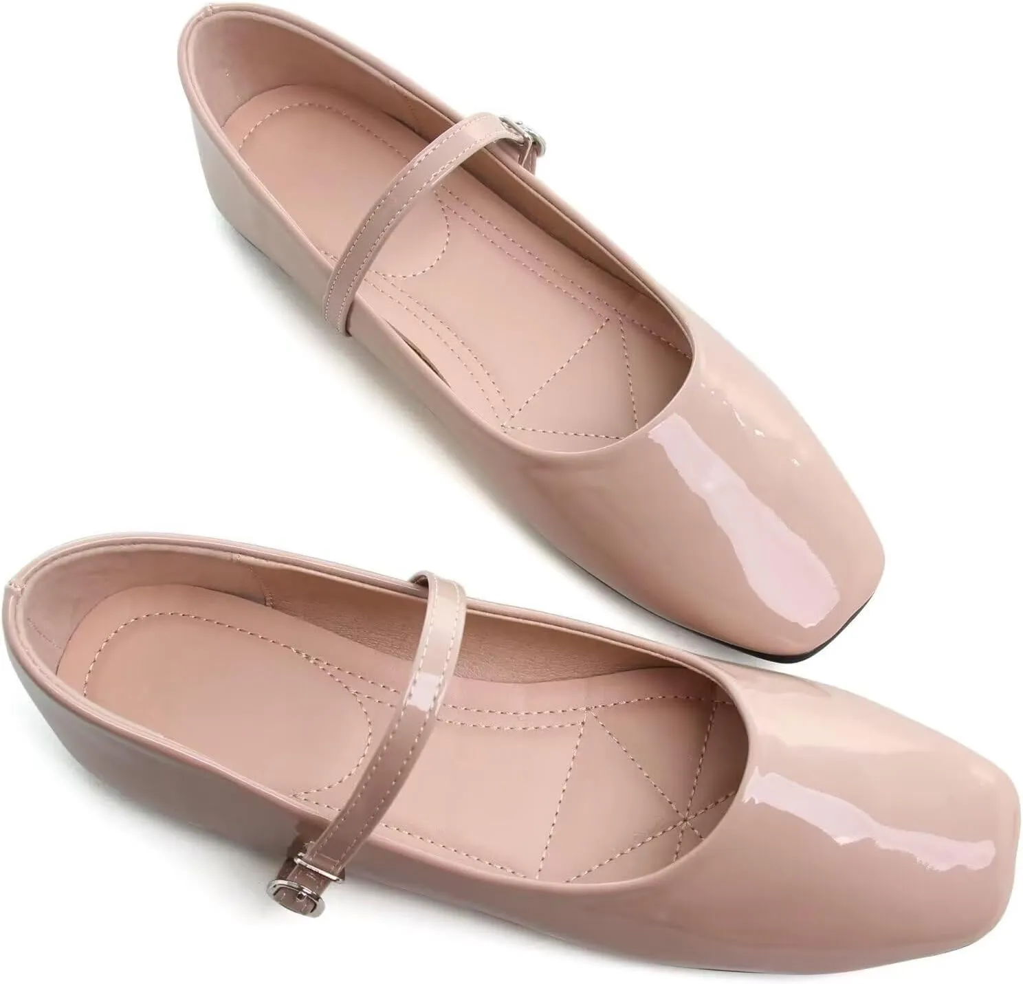 HuangTaiJi Qing Women Fashion Mary Janes Shoes Ankle Buckle Square Toe Female Comfortable Casual Flats Shoes Soft Walking Dressy Work Ballerina Flats
