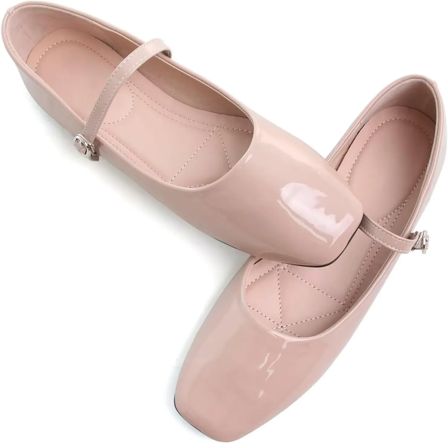 HuangTaiJi Qing Women Fashion Mary Janes Shoes Ankle Buckle Square Toe Female Comfortable Casual Flats Shoes Soft Walking Dressy Work Ballerina Flats