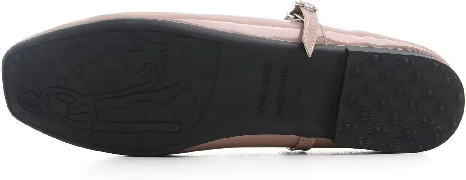 HuangTaiJi Qing Women Fashion Mary Janes Shoes Ankle Buckle Square Toe Female Comfortable Casual Flats Shoes Soft Walking Dressy Work Ballerina Flats