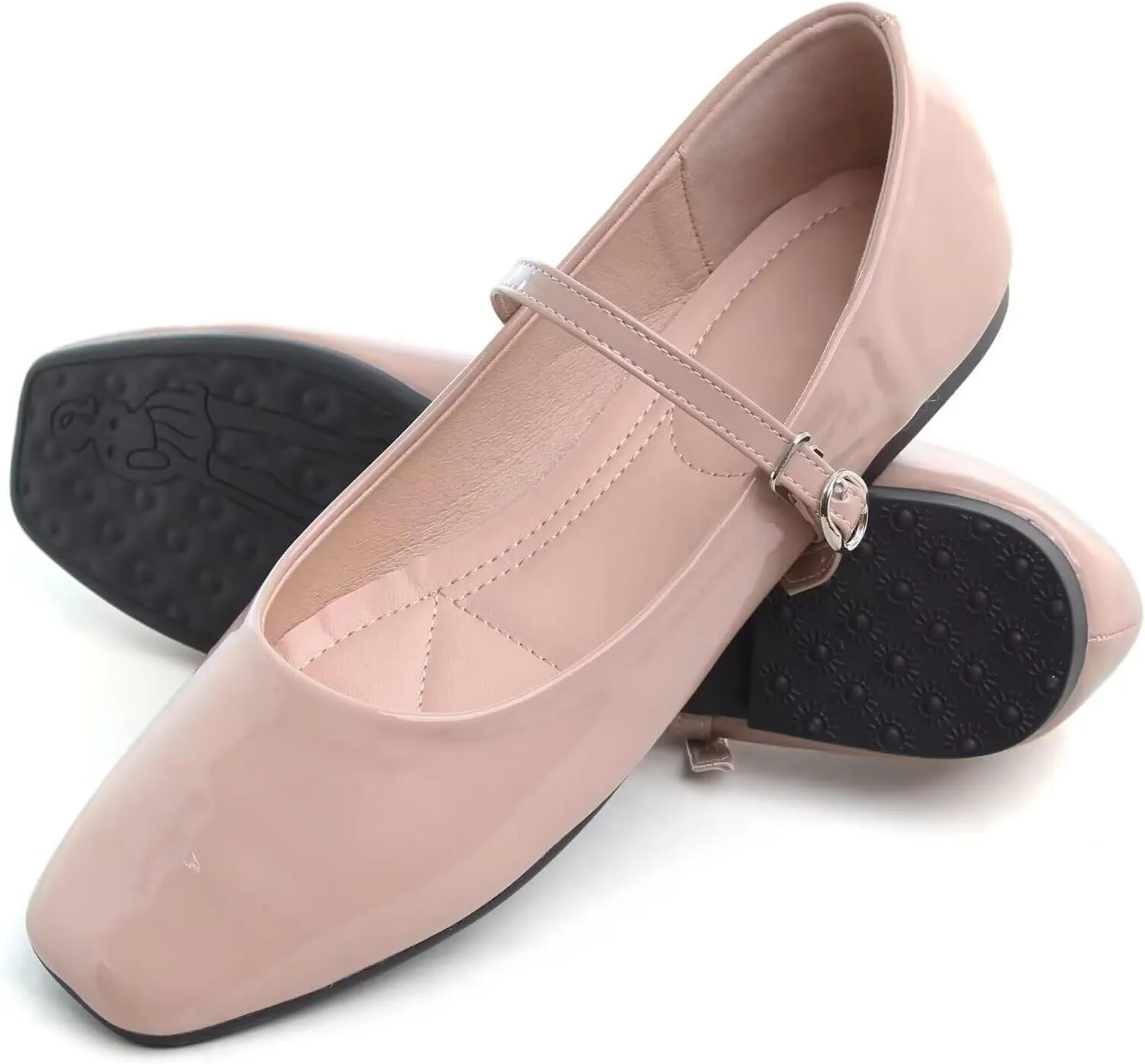 HuangTaiJi Qing Women Fashion Mary Janes Shoes Ankle Buckle Square Toe Female Comfortable Casual Flats Shoes Soft Walking Dressy Work Ballerina Flats