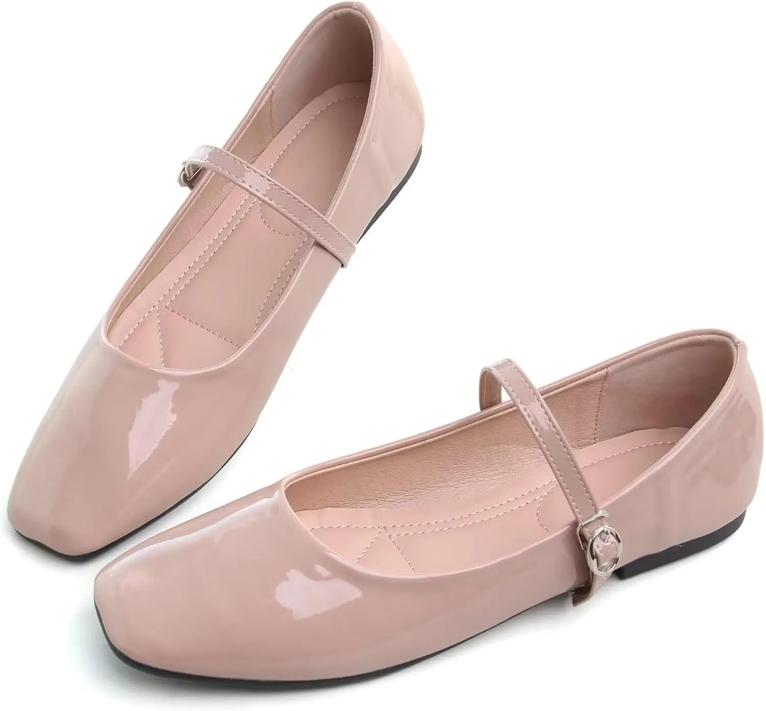 HuangTaiJi Qing Women Fashion Mary Janes Shoes Ankle Buckle Square Toe Female Comfortable Casual Flats Shoes Soft Walking Dressy Work Ballerina Flats
