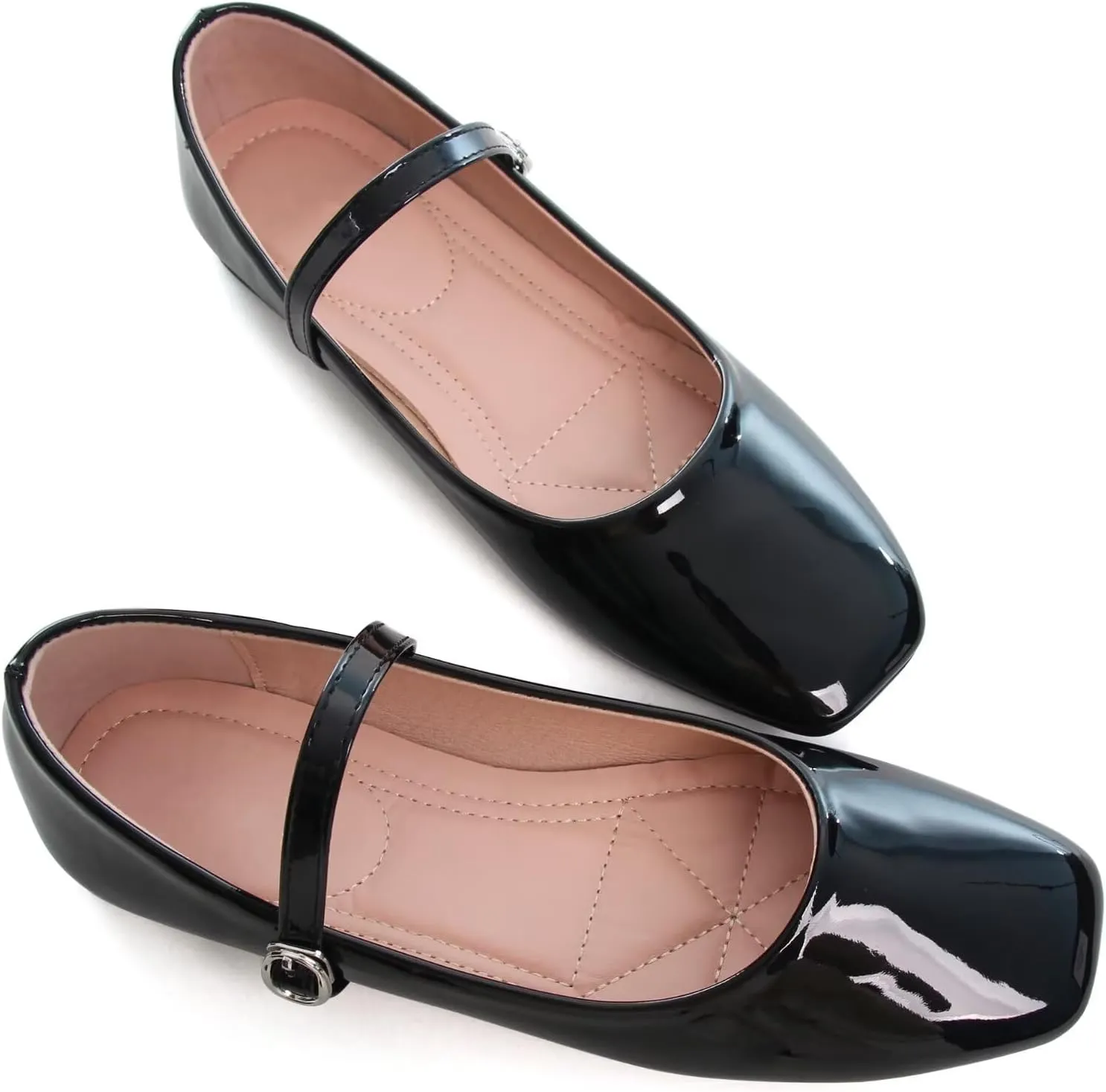 HuangTaiJi Qing Women Fashion Mary Janes Shoes Ankle Buckle Square Toe Female Comfortable Casual Flats Shoes Soft Walking Dressy Work Ballerina Flats