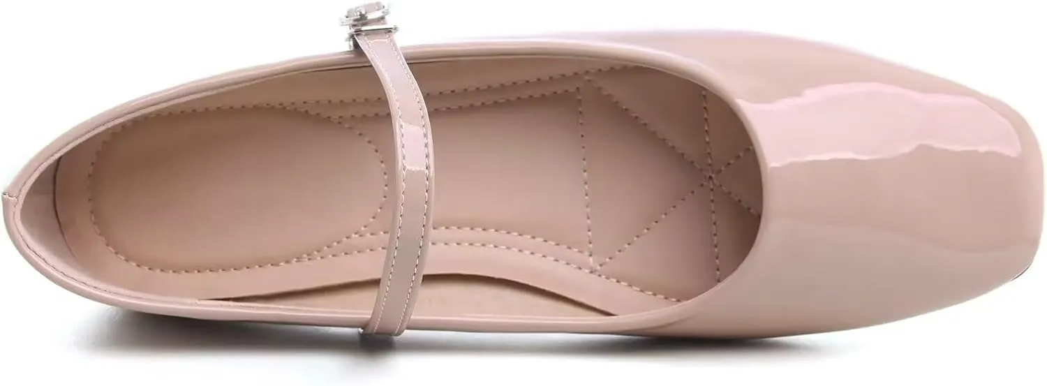 HuangTaiJi Qing Women Fashion Mary Janes Shoes Ankle Buckle Square Toe Female Comfortable Casual Flats Shoes Soft Walking Dressy Work Ballerina Flats