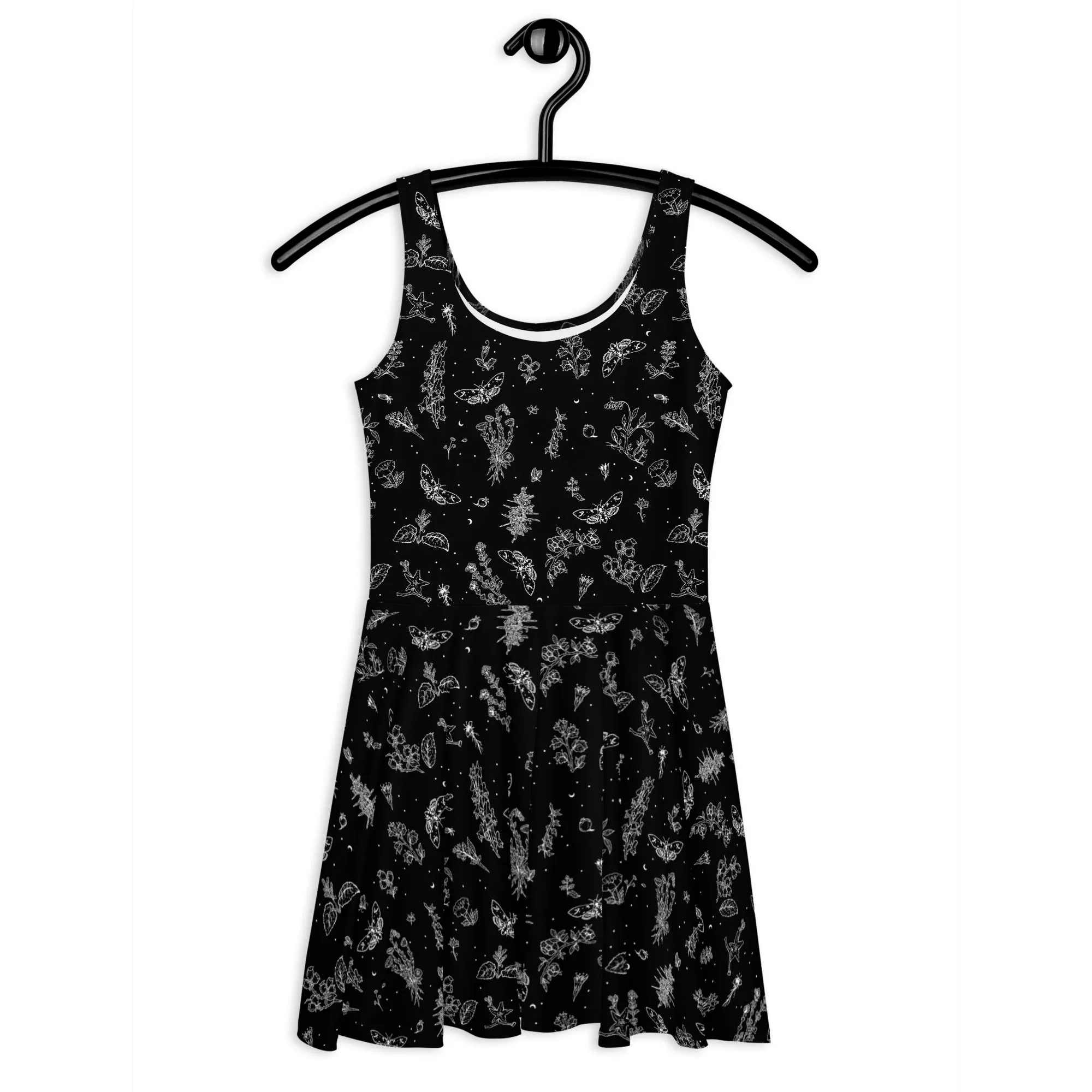 Nightshade Skater Dress -  Cute Black Goth Dress Dark Academia Cottagecore Black & White Floral Pattern Witchy