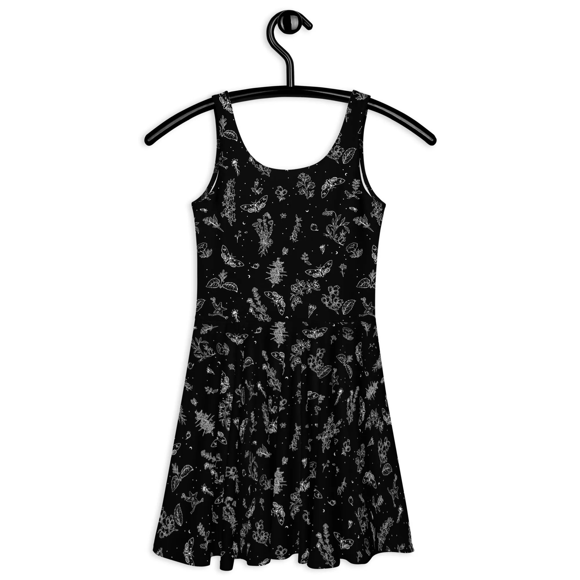 Nightshade Skater Dress -  Cute Black Goth Dress Dark Academia Cottagecore Black & White Floral Pattern Witchy