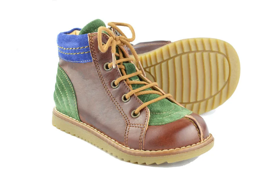 Ocra Boys Brown Green and Blue Leather Suede Boot