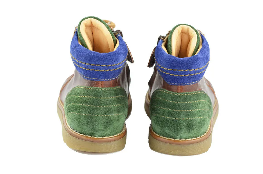 Ocra Boys Brown Green and Blue Leather Suede Boot