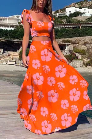 Square Collar Ruffle Crop Top Maxi Swing Skirt Printed Set