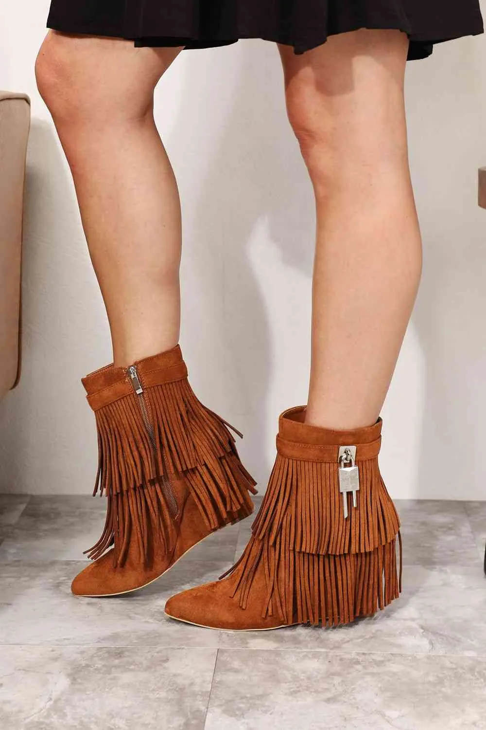 TEEK - Tassel Wedge Heel Ankle Booties | Ochre