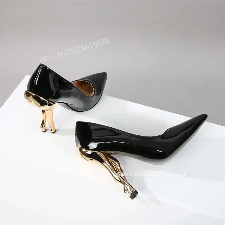 Trendy Gold Hip Pointed Toe High Black Genuine Leather Heels