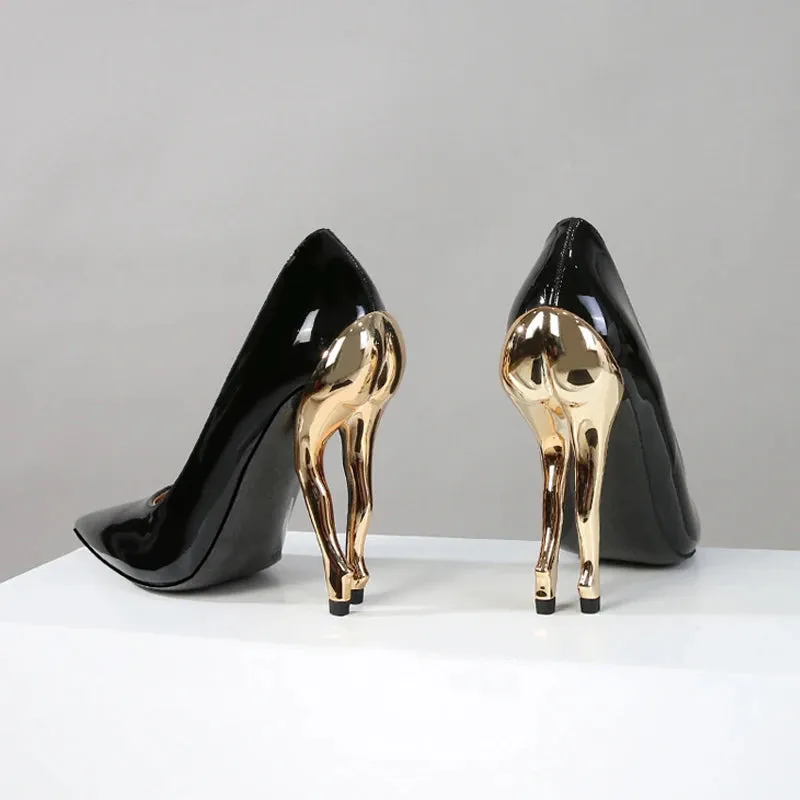 Trendy Gold Hip Pointed Toe High Black Genuine Leather Heels