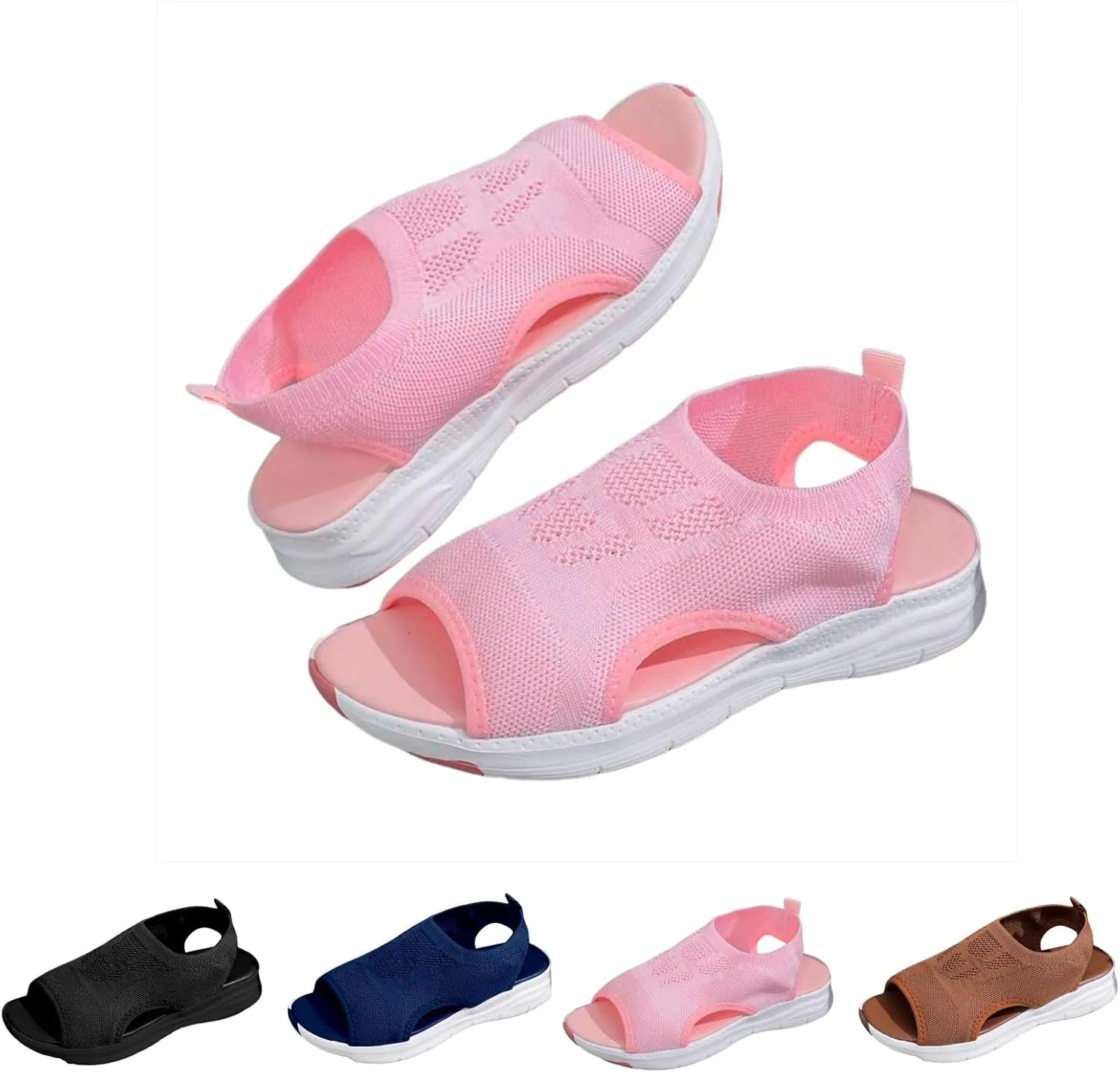 Womens Orthopedic Platform Wedge Walking Sandals with Elastic Ankle Strap Open Toe Breathable Mesh Slingback Casual Knit Flat Sandals Sports Shoes for Athletic Summer Beach Dressy