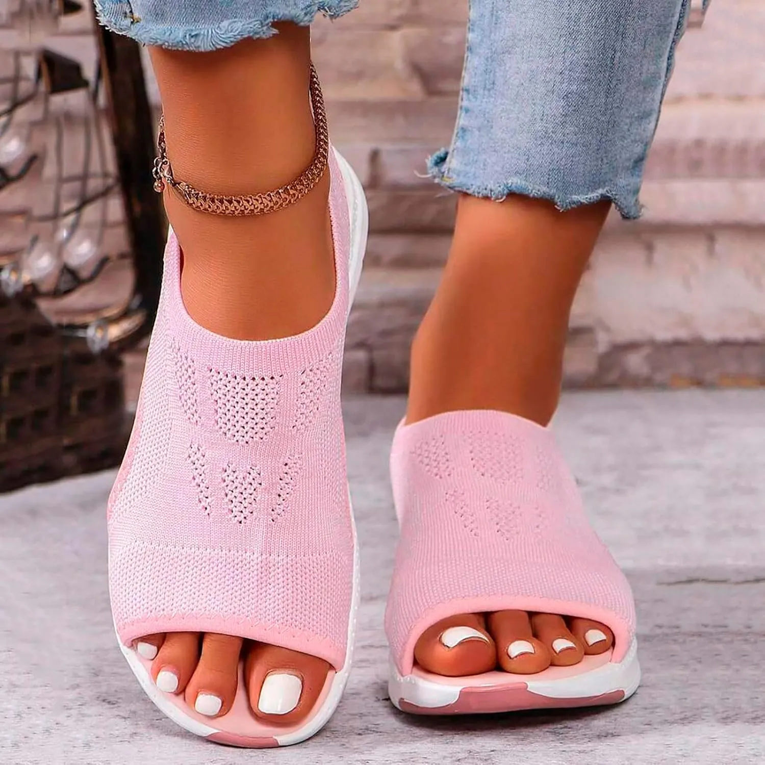 Womens Orthopedic Platform Wedge Walking Sandals with Elastic Ankle Strap Open Toe Breathable Mesh Slingback Casual Knit Flat Sandals Sports Shoes for Athletic Summer Beach Dressy