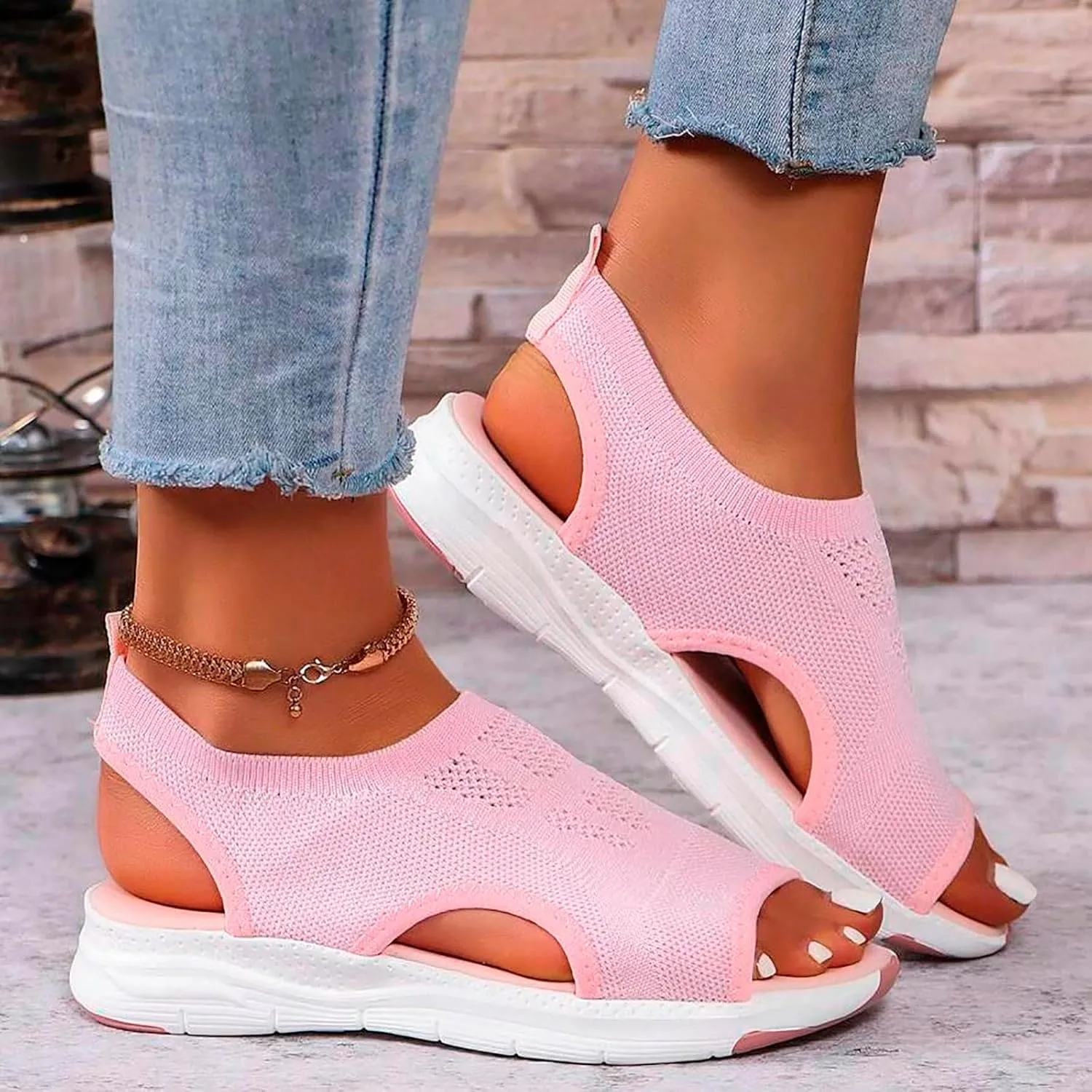 Womens Orthopedic Platform Wedge Walking Sandals with Elastic Ankle Strap Open Toe Breathable Mesh Slingback Casual Knit Flat Sandals Sports Shoes for Athletic Summer Beach Dressy