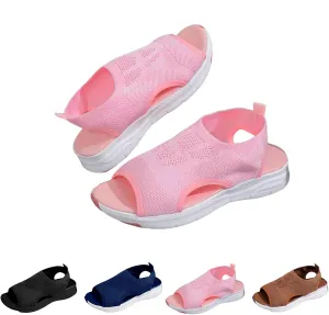 Womens Orthopedic Platform Wedge Walking Sandals with Elastic Ankle Strap Open Toe Breathable Mesh Slingback Casual Knit Flat Sandals Sports Shoes for Athletic Summer Beach Dressy