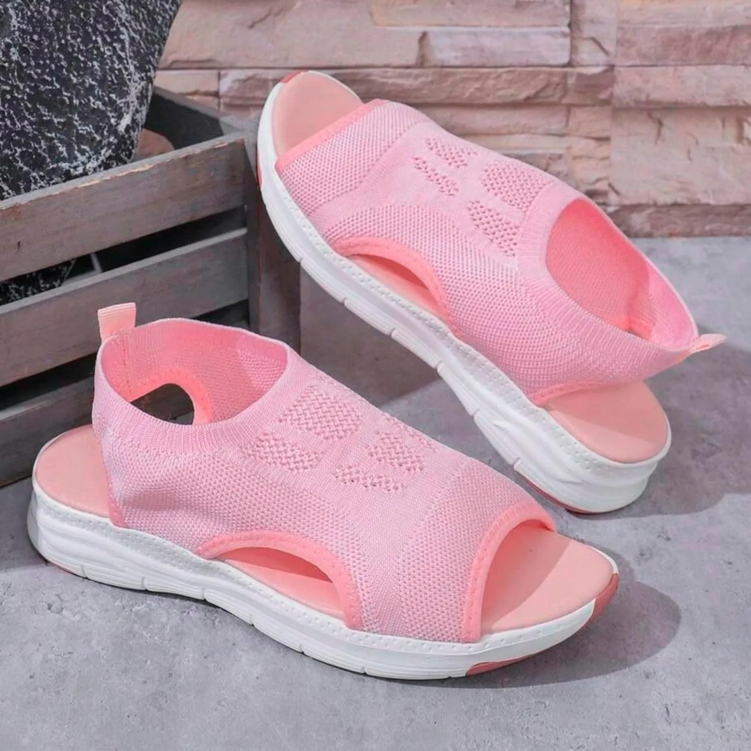 Womens Orthopedic Platform Wedge Walking Sandals with Elastic Ankle Strap Open Toe Breathable Mesh Slingback Casual Knit Flat Sandals Sports Shoes for Athletic Summer Beach Dressy