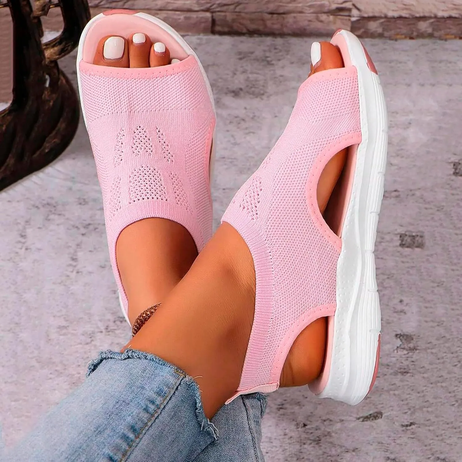 Womens Orthopedic Platform Wedge Walking Sandals with Elastic Ankle Strap Open Toe Breathable Mesh Slingback Casual Knit Flat Sandals Sports Shoes for Athletic Summer Beach Dressy